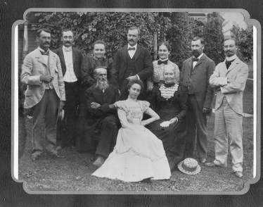 John and Sarah Derr Family. Taken about 1900. L to R. Front Row: John, Annie (Derr) Van Sant, Sarah. Back Row: Miles, Fuller, Alice (Derr) Krumm, Elmer, Phoebe (Derr) Muffly, Judson, Homer. Phoebe was the mother of Helena.