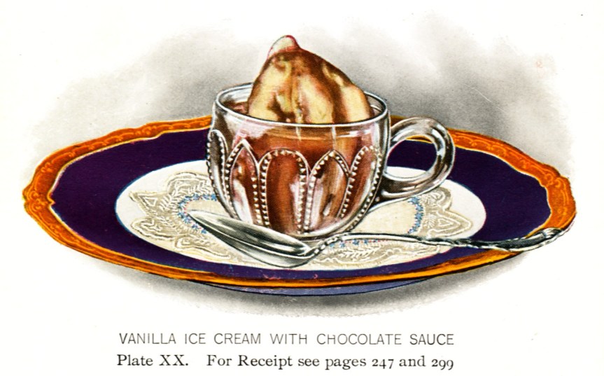 I couldn't find an old photo of chocolate ice cream, but here's a picture of vanilla ice cream with chocolate sauce that was in Lowney's Cookbook (1912). 
