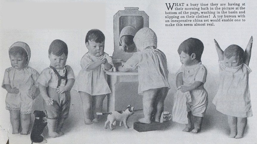 Dolls waiting for turn to wash-up at sink