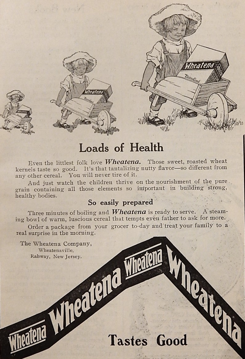 Advertisement for Wheatena with girl pushing wheelbarrow