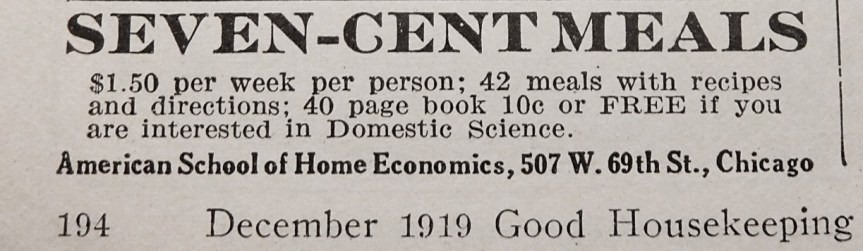 Advertisement for booklet containing directions for making seven cent meals