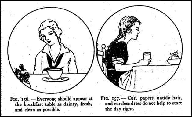 Two images of young women eating breakfast - one well-groomed; the other not