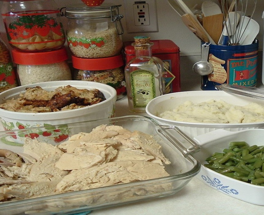 sliced turkey, mashed potatoes and other leftovers