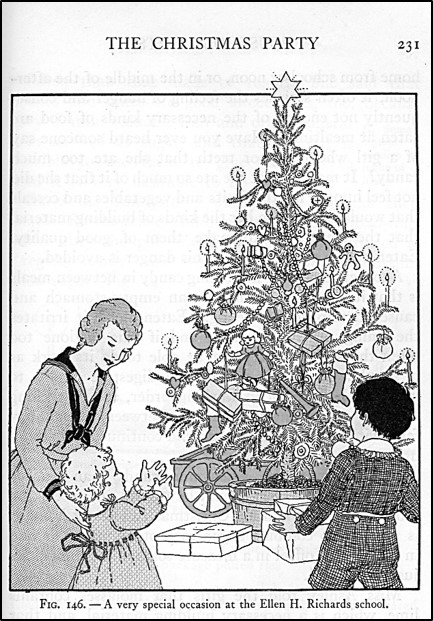 Woman and child looking at Christmas tree