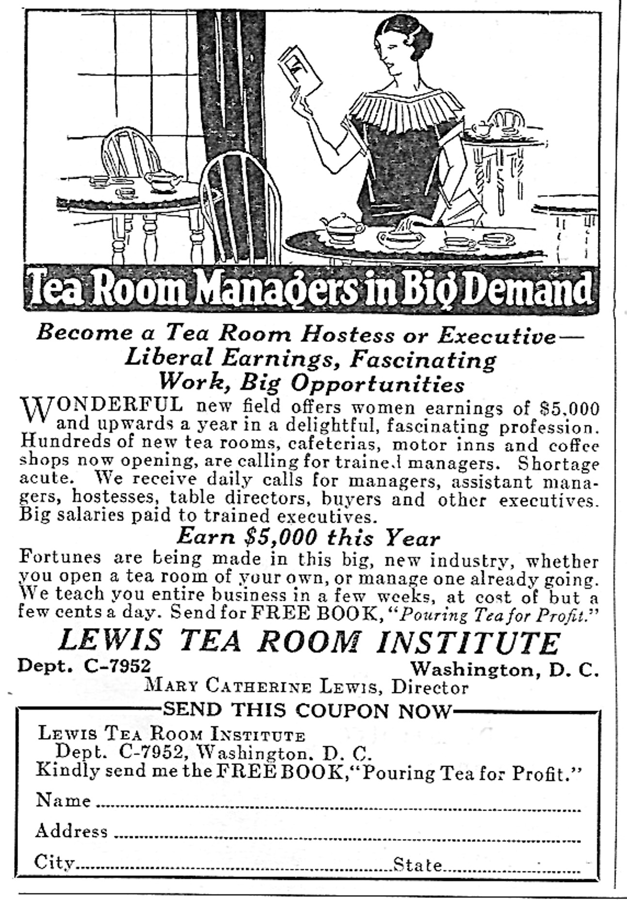 Advertisement for Lewis Tea Room Institute