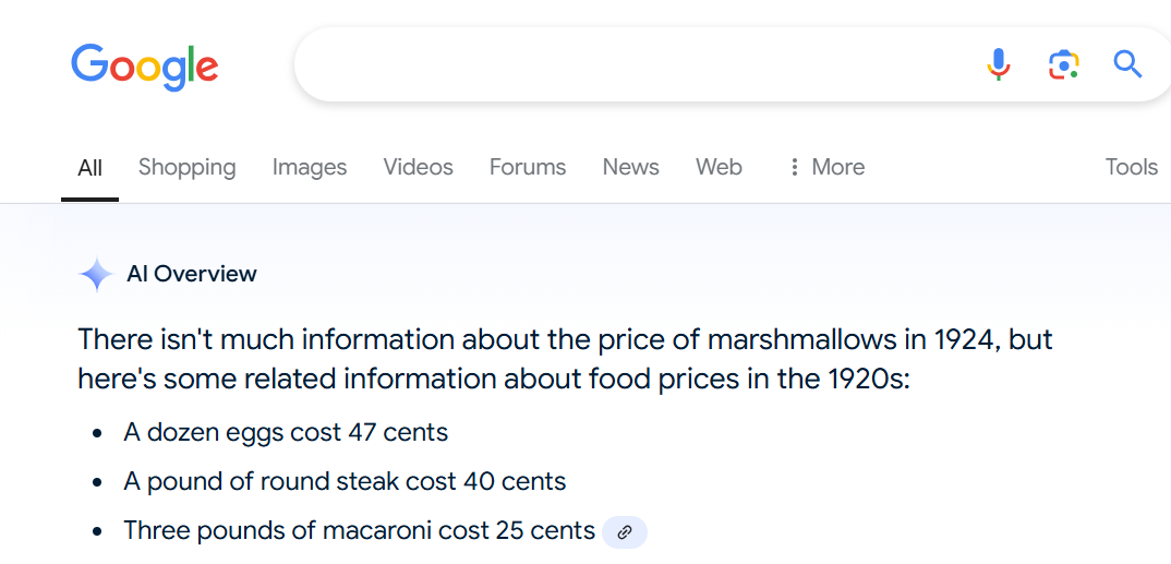 AI findings - marshmallow prices, 1924