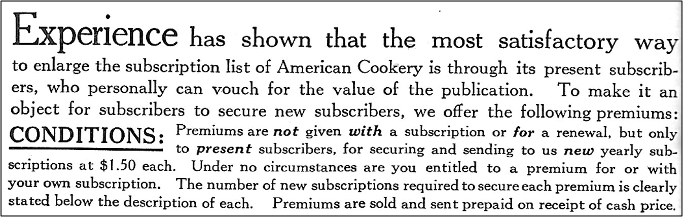 American Cookery advertisement about selling subscriptions