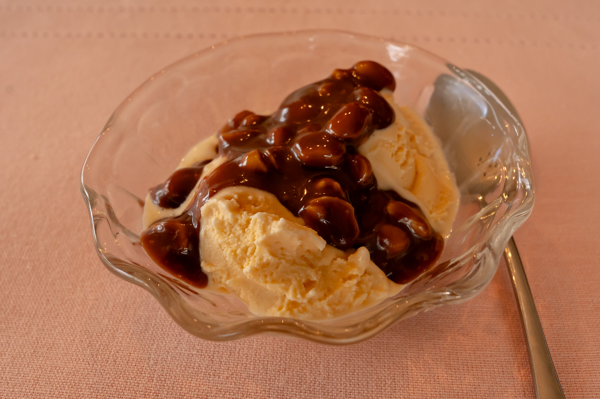 ice cream with topping in dish