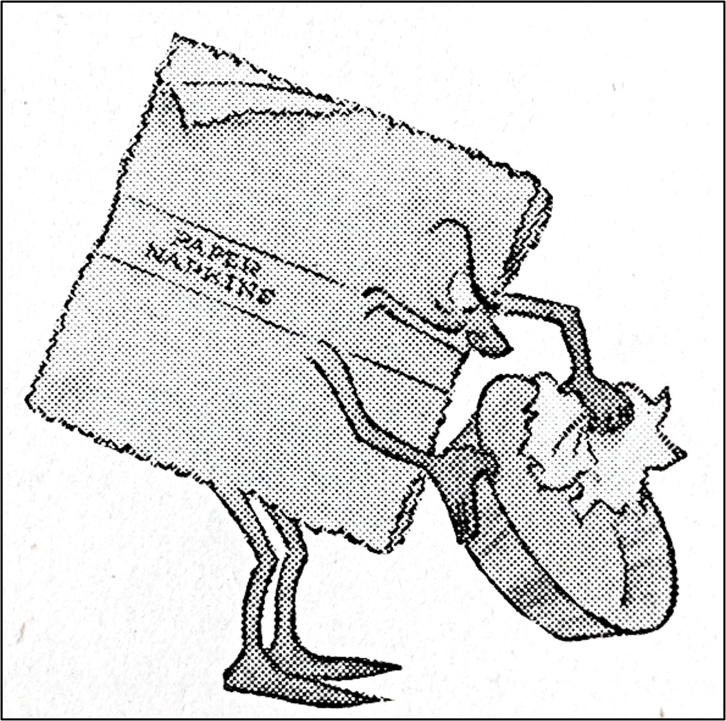 Drawing of a figure cleaning a pan with a paper napkin