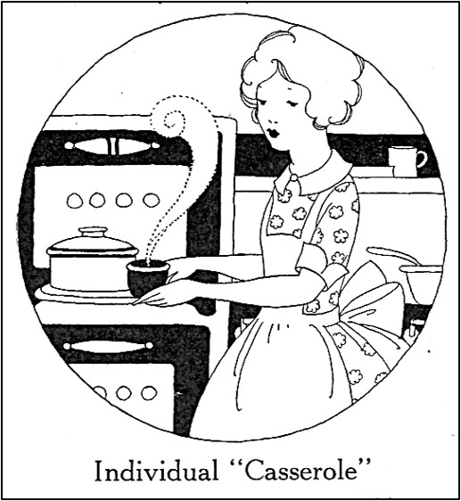 drawing of woman making an individual casserole