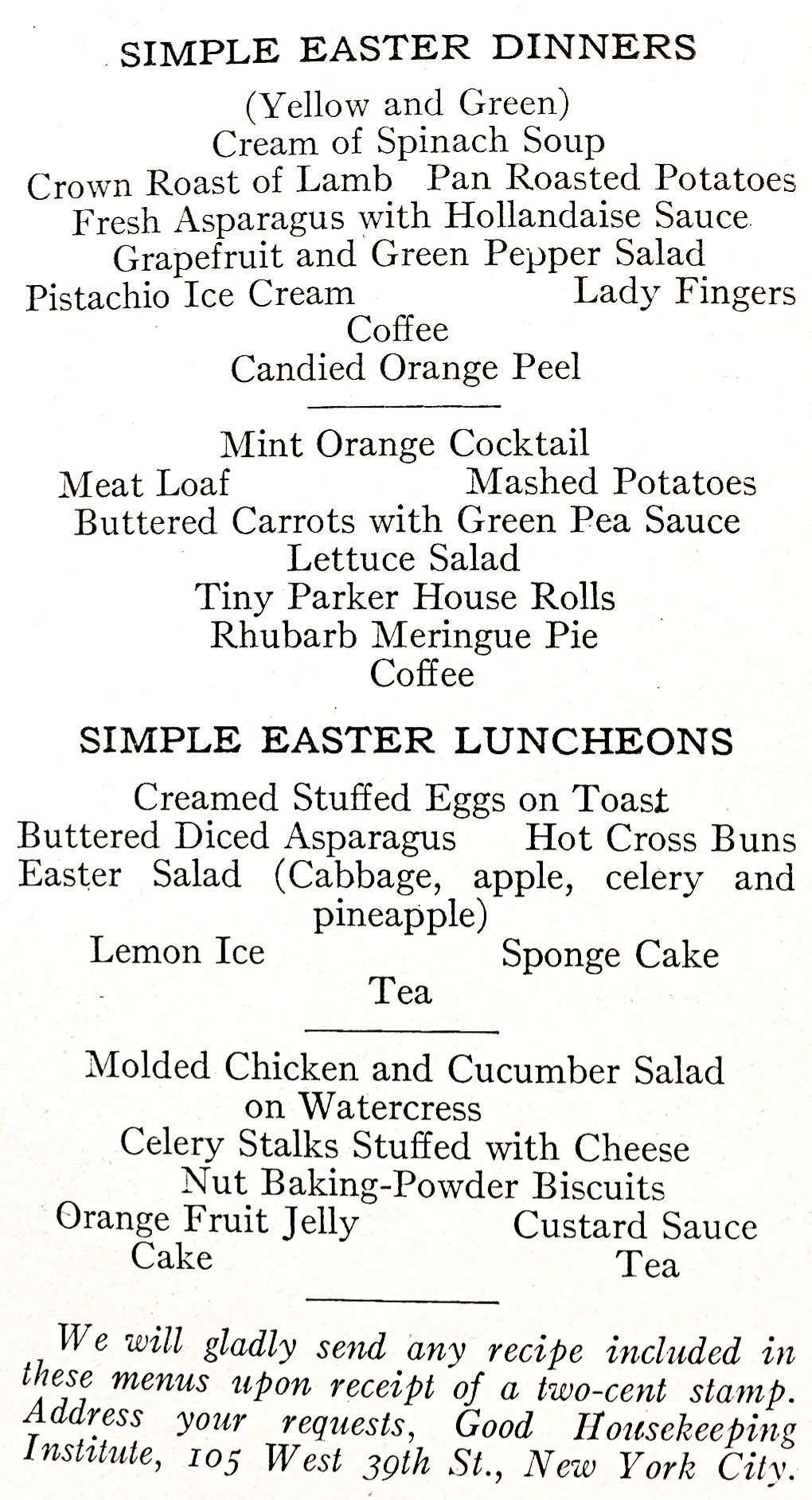 Easter dinner menus